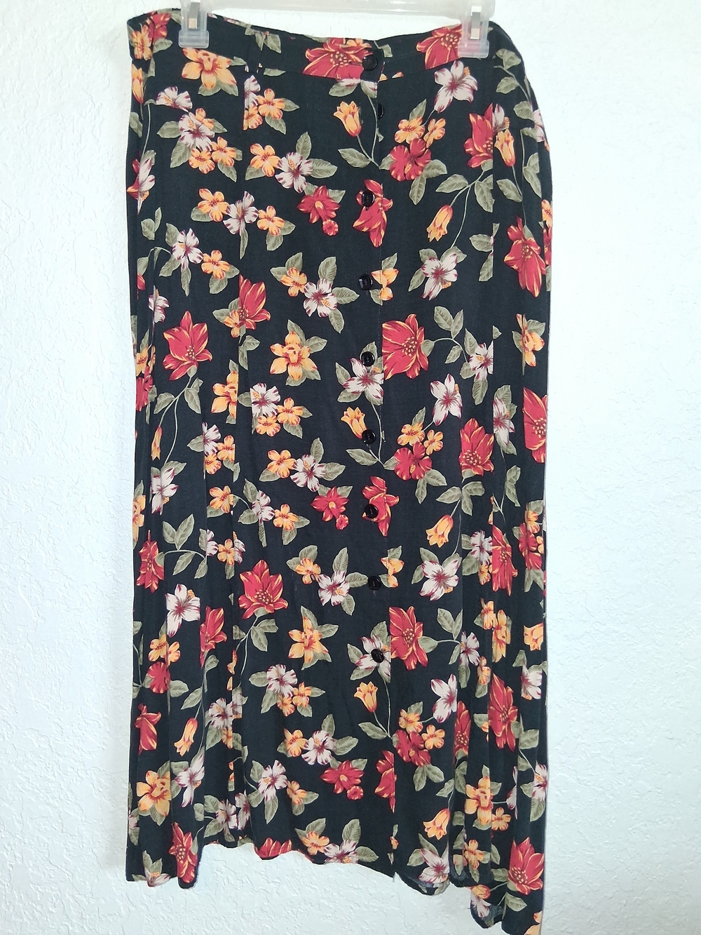 Vintage Sag Harbor Womens XL Floral Button Front Rayon Midi Skirt 90s Dark